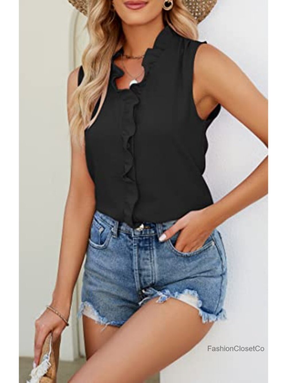 Women's Ruffle Tank Top V Neck Sleeveless Blouse with Button Front - Picture 4 of 6